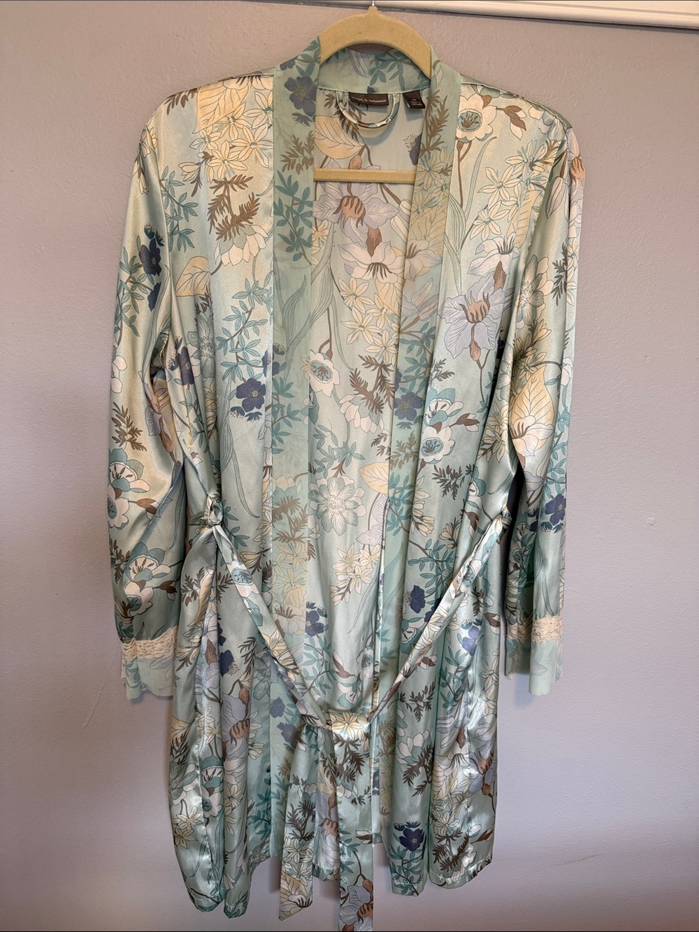 Floral Satin Kimono Robe in Light Aqua M